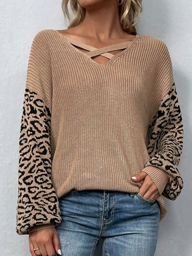 Women's Sweater Leopard Lantern Sleeve Crisscross Sweater
