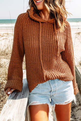 Women's Sweater Rib-Knit Drawstring Hooded Sweater