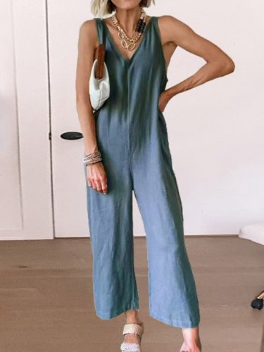 Women's Jumpsuits Loose Solid V-Neck Sleeveless Jumpsuit