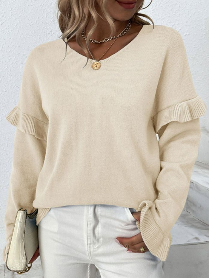 Women's Sweater Layered Flounce Sleeve V-Neck Sweater
