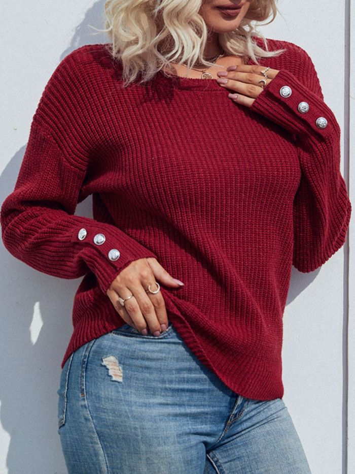 Women's Sweater Button Detail Dropped Shoulder Rib-Knit Sweater