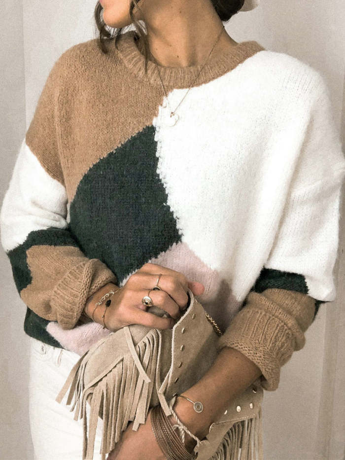 Women's Sweaters Crew Neck Contrast Casual Knit Sweater