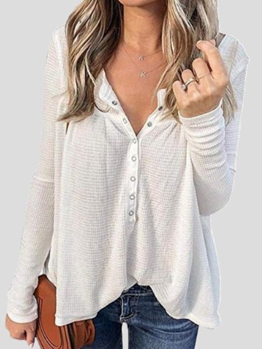 Women's T-Shirts Loose Waffle Button Long Sleeve T-Shirt