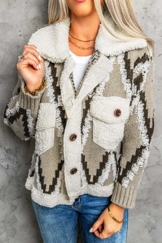 Women's Sweater Cardigan Multicolored Spliced Sherpa Collared Neck Cardigan