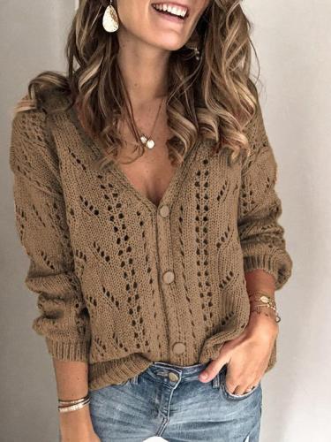 Women's Sweaters Solid Hollow V-Neck Button Knitted Sweater