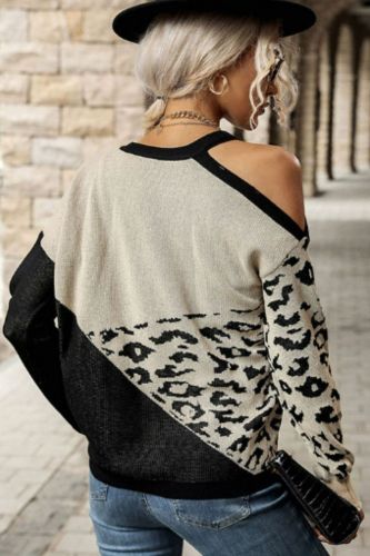 Women's Sweater Leopard Color Block Cold-Shoulder Sweater