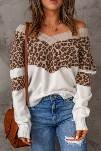 Women's Sweater Leopard Color Block Off-Shoulder Sweater