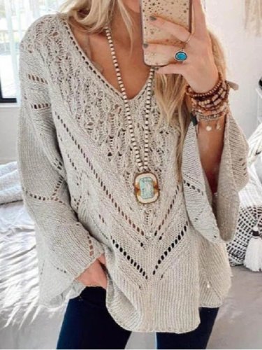 Women's Sweaters Solid V-Neck Hollow Long Sleeve Sweater