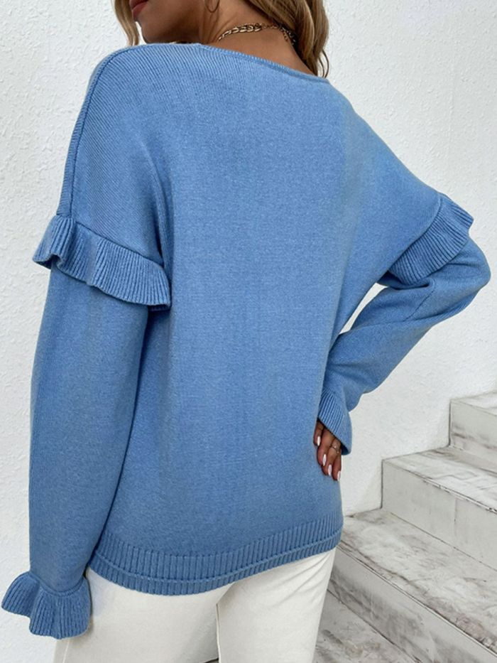 Women's Sweater Layered Flounce Sleeve V-Neck Sweater
