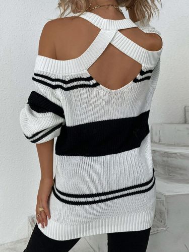 Women's Sweater Striped Cutout Cold-Shoulder Tunic Sweater