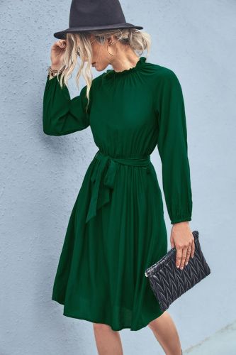 Belted Frill Neck Long Sleeve Dress