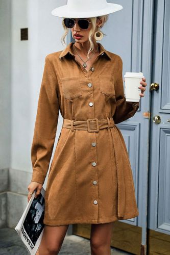 Corduroy Belted Long Sleeve Collared Dress
