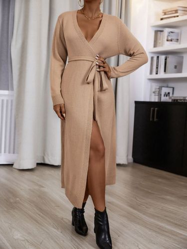 Belted Ribbed Trim Surplice Sweater Dress