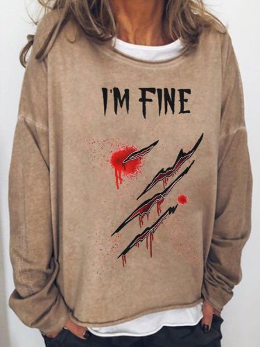 Women's Halloween Horror Bloodstained I'm Fine Print Long Sleeve T-Shirt