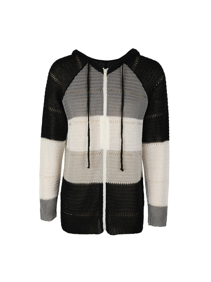 Women's Cardigan Mixed Color Hollow Zipper Colorblock Long Sleeve Sweater Cardigan