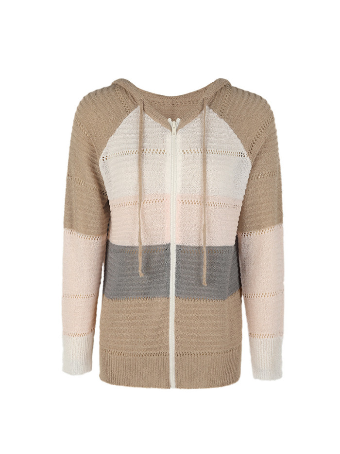 Women's Cardigan Mixed Color Hollow Zipper Colorblock Long Sleeve Sweater Cardigan