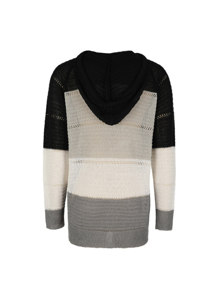 Women's Cardigan Mixed Color Hollow Zipper Colorblock Long Sleeve Sweater Cardigan