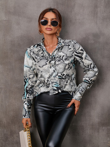 Women Snakeskin Print Button Up Blouse Shirt  Slim Fit Black & White Snakeskin Blouse For for women over 50
