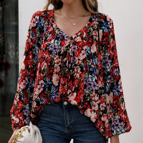 Women Floral Print Lantern Sleeve Blouses Or Tops  Wine red & Blue Color Froal V Neck Long Sleeve Tmeless Elegance Shirts Blouses for women over 50
