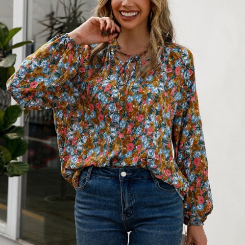 Women Long Sleeve Boho V-neck Floral Printed  Flowy Blouse  Top Loose Fit Flowy Blouse Blue Flower  outfits for women over 50