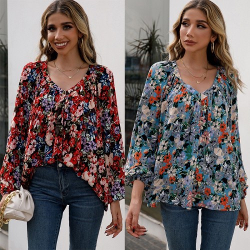 Women Floral Print Lantern Sleeve Blouses Or Tops  Wine red & Blue Color Froal V Neck Long Sleeve Tmeless Elegance Shirts Blouses for women over 50