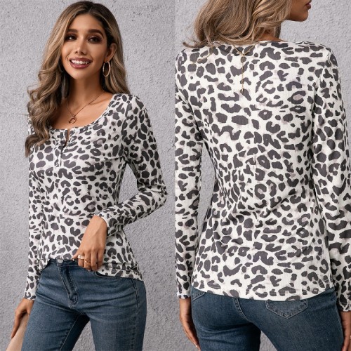 Women Black & White Leopard Scoop Neck Long-Sleeve Blouse Top Slim Fit Tunic Blouse for women over 50