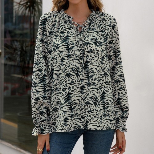 Women Leopard Print Long Sleeve V-Neck Blouse Shirt  Loose Small Floral Fungus Neck Brown & Green Leopard Blouse Top for women over 50