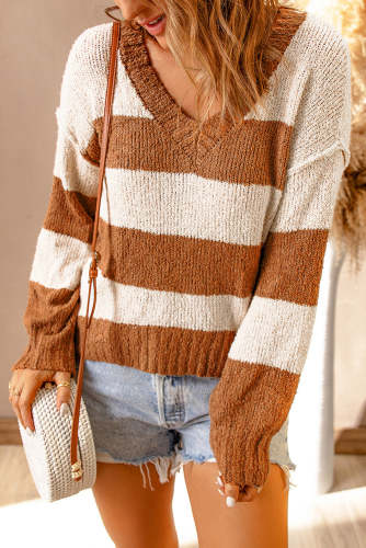 Striped Rib-Knit Dropped Shoulder Sweater