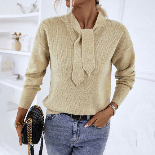 Women's Sweater Scarf Tie Collar Long Sleeve Loose Knit Sweater