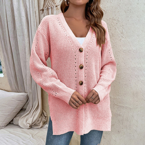 Women's Cardigan Open Front Button Long Sleeve Hollow Out Sweater Cardigan with Pocket