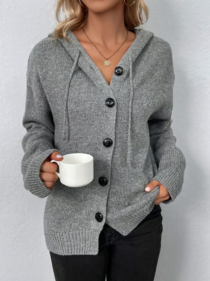 Drawstring Detail Button Front Hooded Cardigan