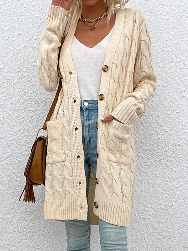 Women's Cardigan Twist Knitted Open Front Button Long Sleeve Sweater Cardigan with Pocket