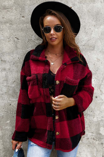 Button Front Gingham Teddy Coat