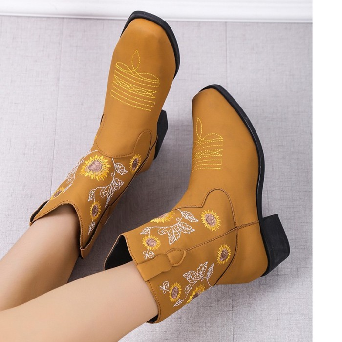 2022 Winter Chunky Heel Embroidered Sunflower Boots