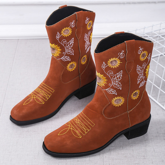 2022 Winter Chunky Heel Embroidered Sunflower Boots