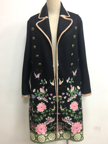 Women's Floral Print Trench Long Coat Dark Blue Lapel Button Fall Winter Flower Trench Coat Double Breasted Lapel Regular Fit Long Coat