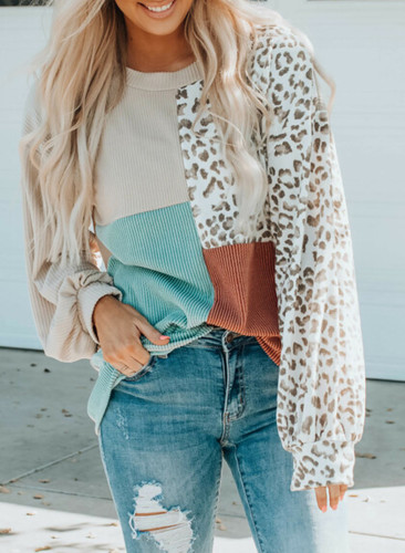 Women Leopard Sweater Color Block Patchwork Leopard Print Long Sleeve Sweater Fall Outfit