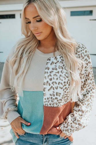 Women Leopard Sweater Color Block Patchwork Leopard Print Long Sleeve Sweater Fall Outfit