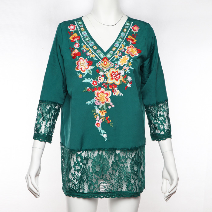 Women's Blouse Top Embroidery Floral V-Neck Lace Patchwork Ladies Blouse