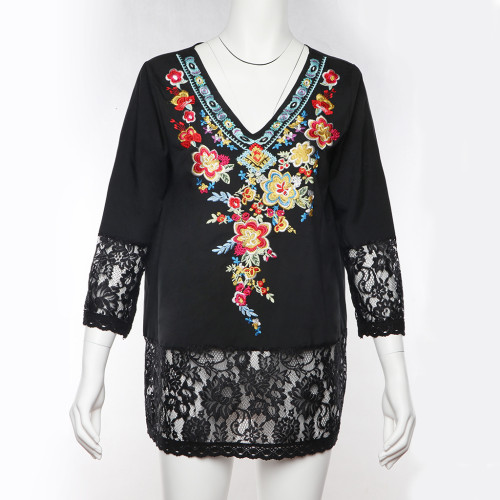 Women's Blouse Top Embroidery Floral V-Neck Lace Patchwork Ladies Blouse