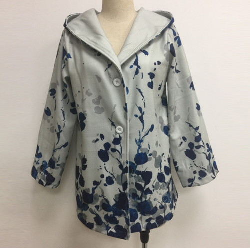 Women Fall Winter Grey Trench Long Coat With Blue Printed Flower Long Sleeve Coat  5XL Slim Fit Lapel Coat