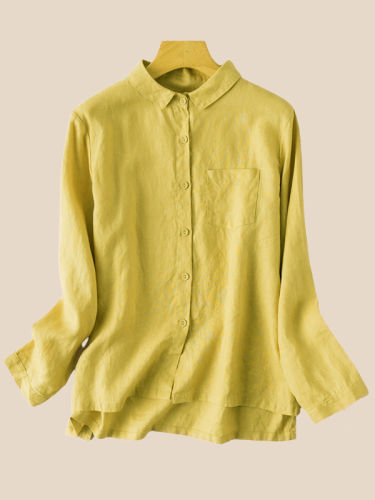 Women's Cotton Linen Shirt Lapel Collar Front Pocket Ladies Linen Vintage Blouse Top