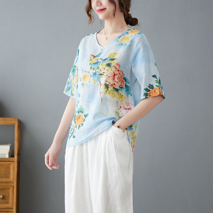 Women's Cotton Linen Blouse Floral Pattern Vintage Shirt V Neck Mid Sleeve Loose Lightweight Top