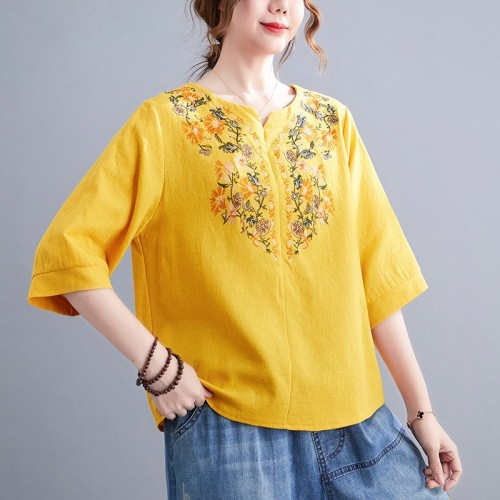 Women's Cotton Linen Blouse Embroidery Floral Pattern Vintage Shirt Crew Neck Mid Sleeve Top