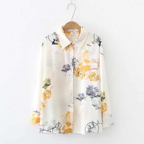 Women's Shirts Waterdrop Floral Printed Long Sleeve Lapel Chiffon Blouse Top