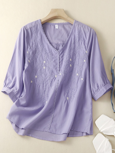 Women's Cotton Linen Blouse V-Neck Embroidery Floral Pattern Mid Sleeve Light Weight Top