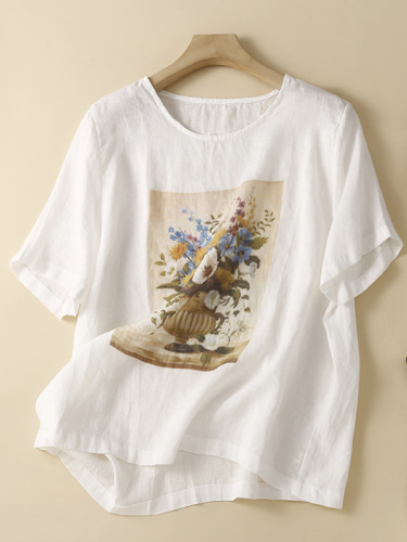 Women's Cotton Linen T-Shirt Vintage Floral Printed Crew Neck Loose Linen Blouse Top