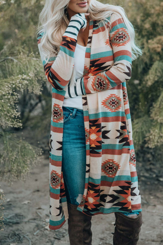 Women's Long Cardigan Multicolor Geometric Aztec Western Pattern Open Front Cardigan