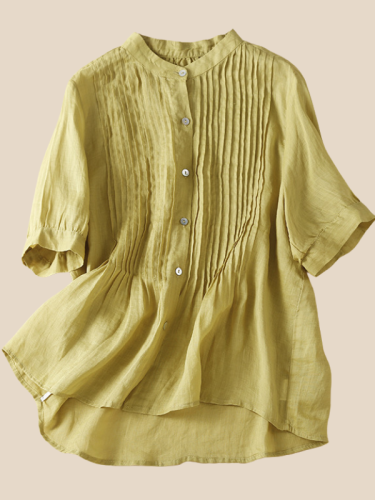 Women's Cotton Linen Shirt Stand Collar Pleated Design Ladies Linen Blouse Top