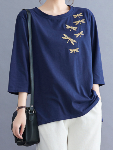 Women's Cotton Blouse Embroidery Dragonfly Pattern Crew-Neck Mid Sleeve Loose Top